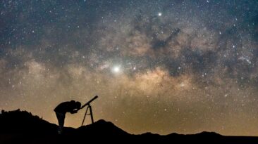 Silhouette of man watching star in telescope against milky way galaxy with stars and space dust in the universe.