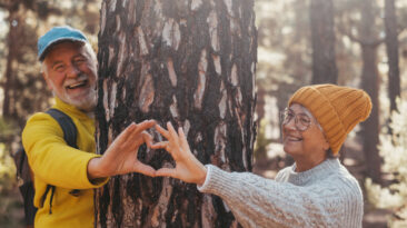 Head shot portrait close up of cute couple of old seniors middle age people making heart shape around big tree loving and taking care of nature concept lifestyle. Two pensioners persons enjoying